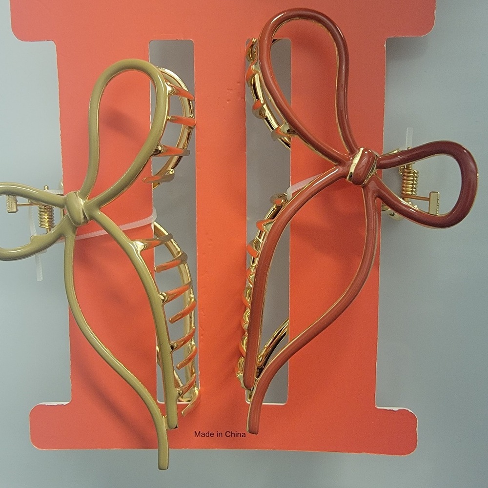 Piper K Metal Bow Ribbon Claw Clips Muave Pink & Olive Sage Green Set Of 2 Gold - Picture 3 of 3